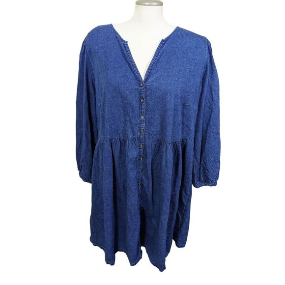 Old Navy Fit and Flare Mini Dress Dark Denim Chambray Button Front Plus 2X Shift - Picture 2 of 8